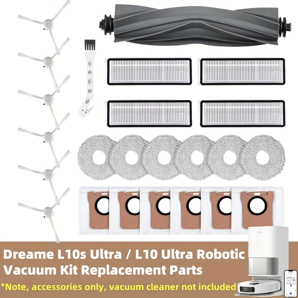 24pcs Accessories Kit for Dreame L10s Ultra\u002F L10 Ultra Robot Vacuum Replacement Parts Including 1 Main Brush 4 HEPA Filters 6 Sidebrushes 6 Mop Pads 6 Dust Bags 1 Cleaning Brush