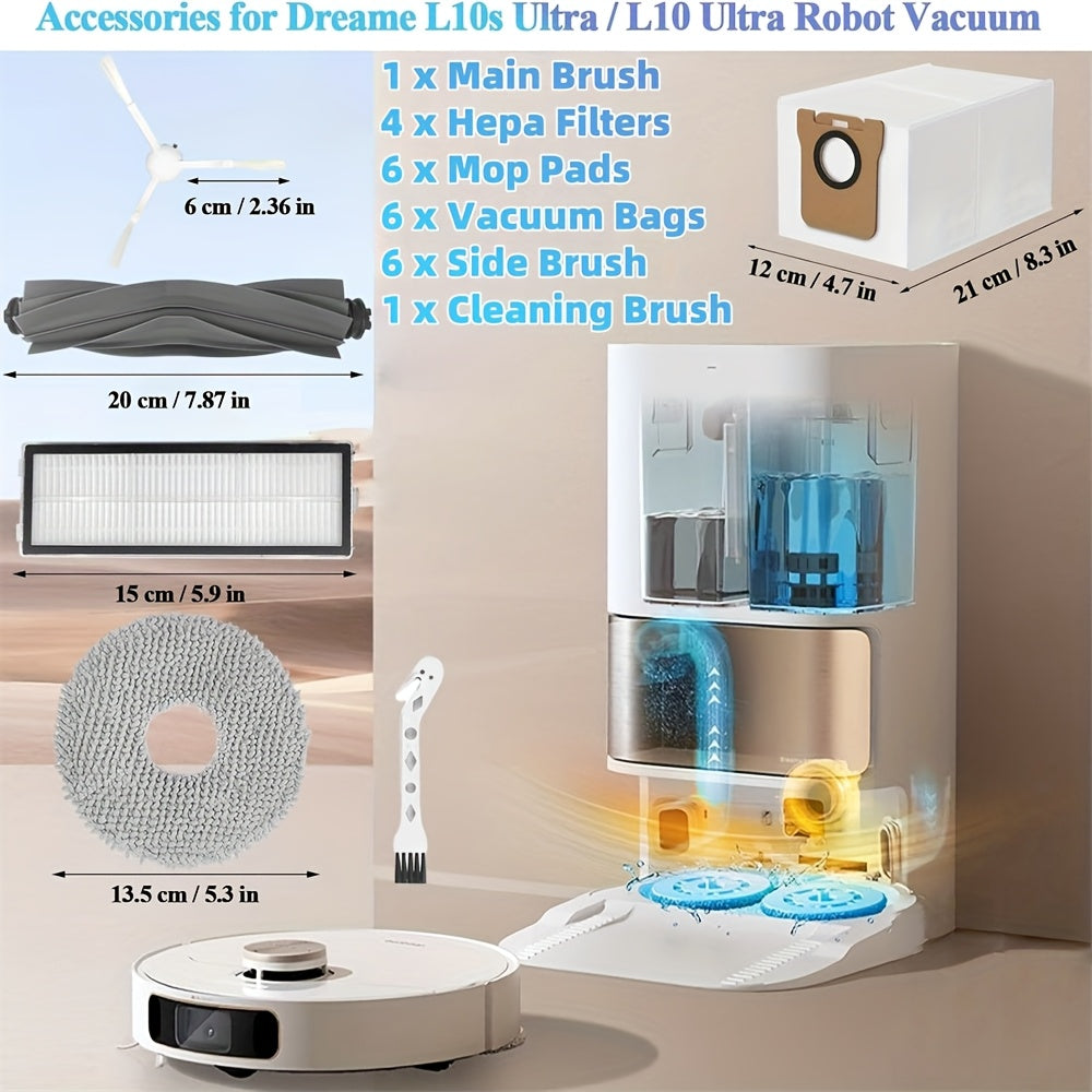24pcs Accessories Kit for Dreame L10s Ultra\u002F L10 Ultra Robot Vacuum Replacement Parts Including 1 Main Brush 4 HEPA Filters 6 Sidebrushes 6 Mop Pads 6 Dust Bags 1 Cleaning Brush