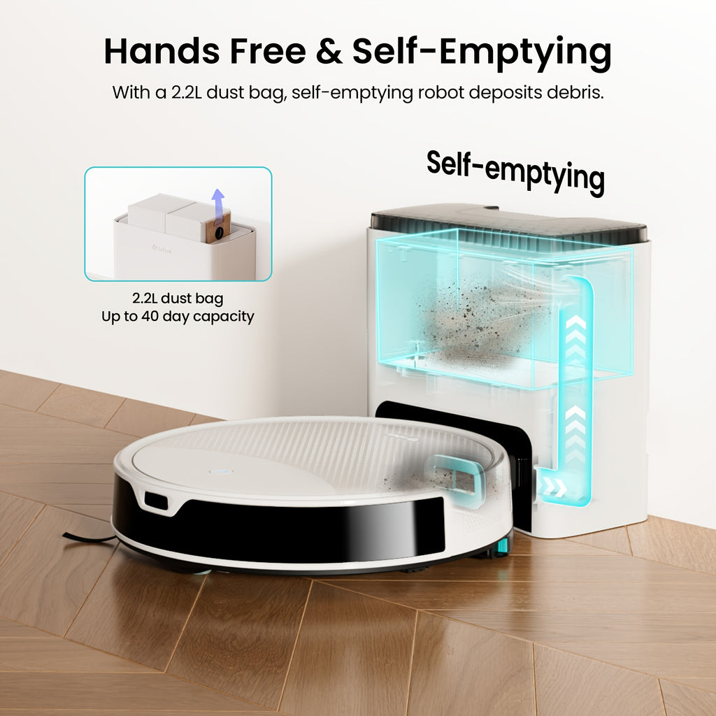 The Lefant M350 Robot Vacuum And Mop Combo Features Automatic Emptying Every 40 Days, 190° PSD Obstacle Avoidance, 7000Pa Suction Power, Quiet Operation, Smart Navigation, Self-Charging, Wet And Dry Capabilities